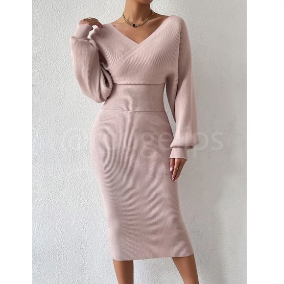 2 Piece Set Rib Knit Blush Pink Midi Skirt and V-Neck Pullover Sweater - Picture 7 of 12